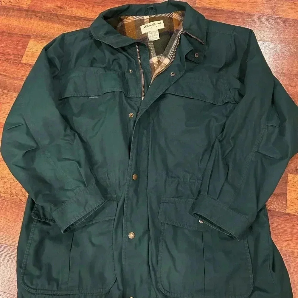 Vintage Eddie Bauer Men Green Plaid Wool Lined Coat Mountain Parka Jacket Large